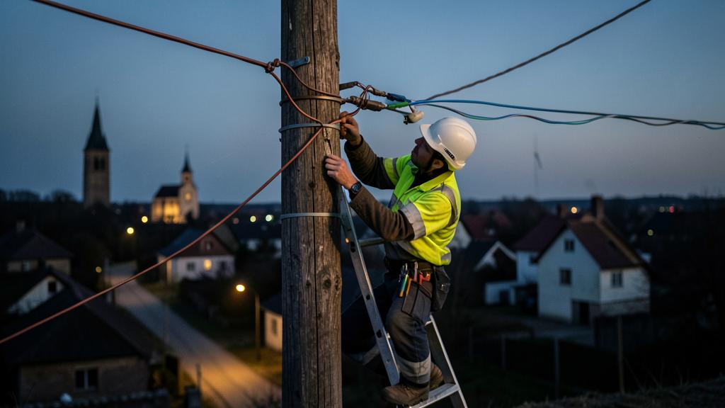Un technicien travaille sur un poteau électrique dans un village à la tombée de la nuit.
