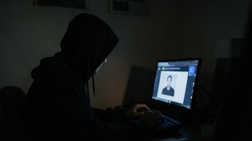 Une personne en hoodie utilise un ordinateur dans une pièce sombre, avec une photo d'homme à l'écran.