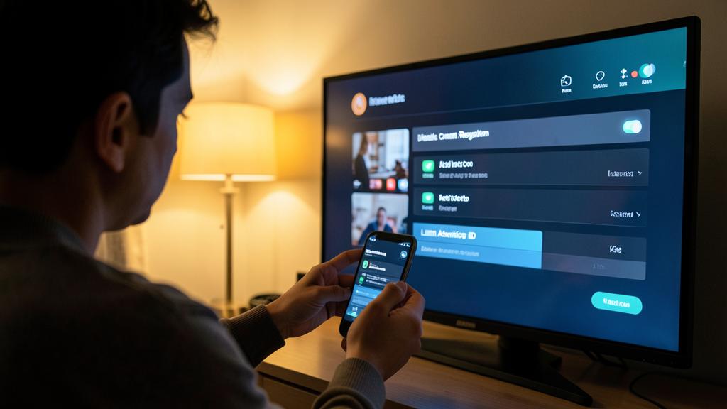 Une personne utilise un smartphone pour contrôler une TV intelligente affichant des options de confidentialité.