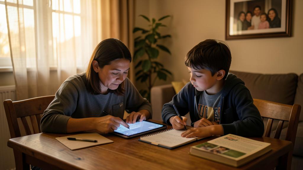 Une femme utilise une tablette tandis qu’un enfant écrit dans un cahier.