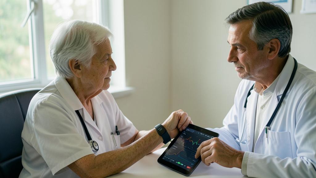 An older female doctor and an older male doctor review a graph on a tablet.