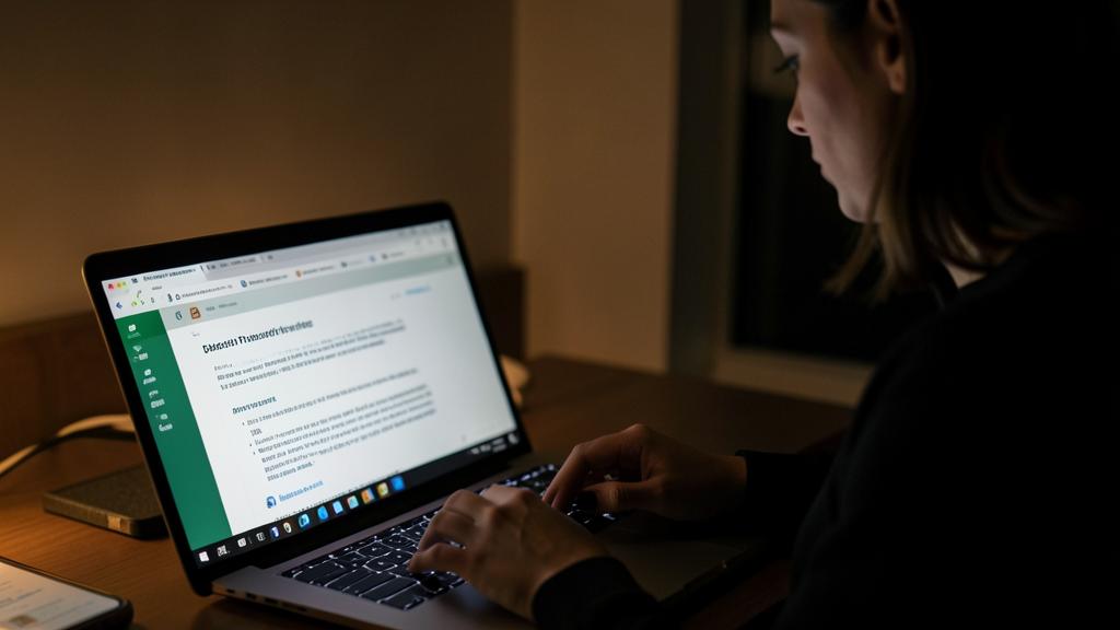 Une personne consulte un document sur un ordinateur portable dans une pièce faiblement éclairée.