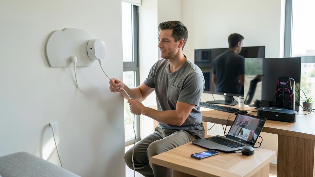 Un hombre conecta un cable a un router Wi-Fi empotrado en una oficina moderna.