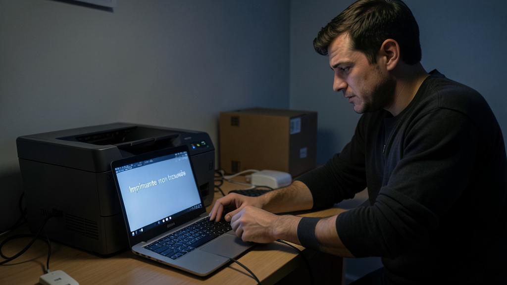 Un hombre sentado en un escritorio usa una computadora que muestra 'Impresora no encontrada' con una impresora al lado.