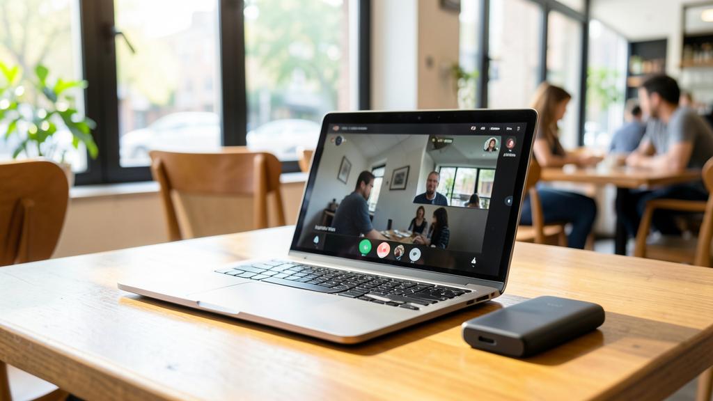 Un ordinateur portable sur une table en bois affiche une visioconférence, avec un <a href=