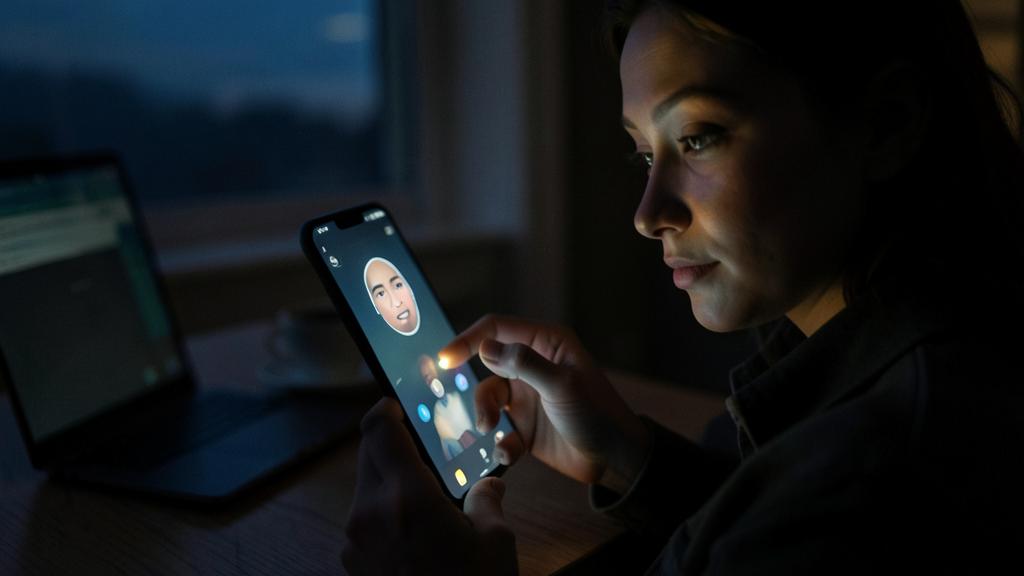 Une femme utilise la reconnaissance faciale sur son smartphone dans une pièce sombre.