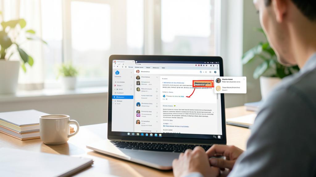 Une personne utilise un ordinateur portable affichant un client de messagerie avec un message mis en évidence.