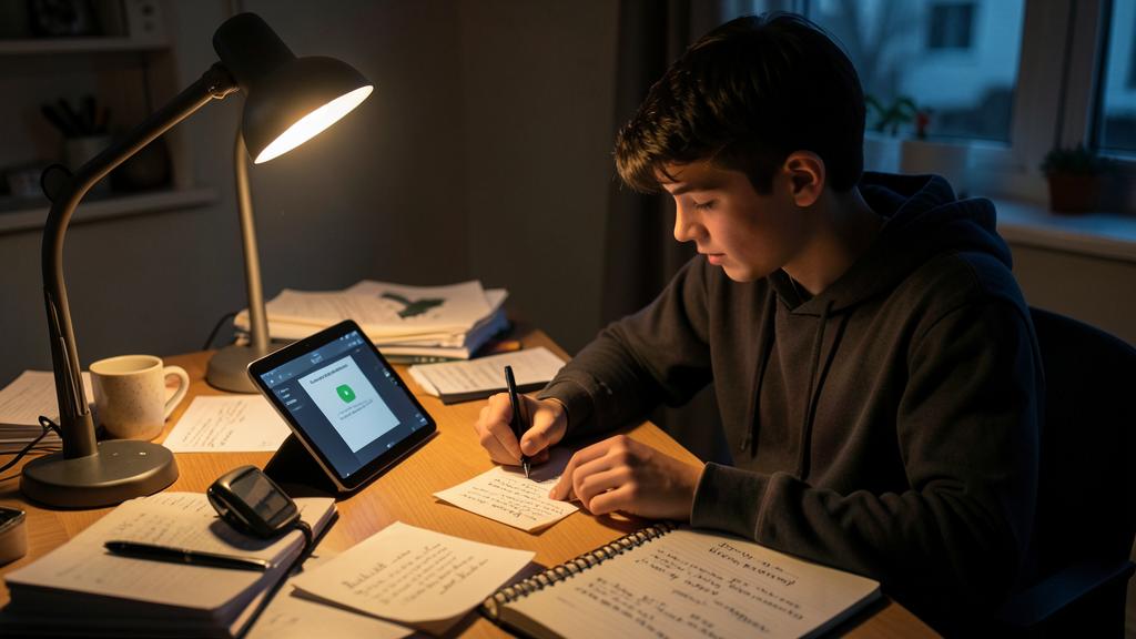 Une personne étudie à un bureau avec une tablette affichant une interface verte, des livres et des notes sous une lampe.