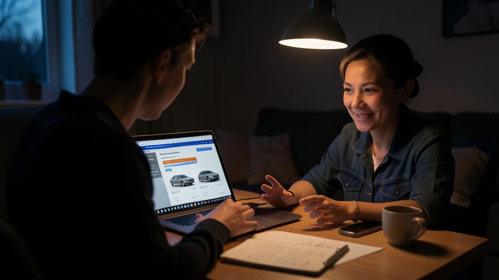 Un hombre y una mujer miran una pantalla de computadora que muestra un sitio web de venta de autos.