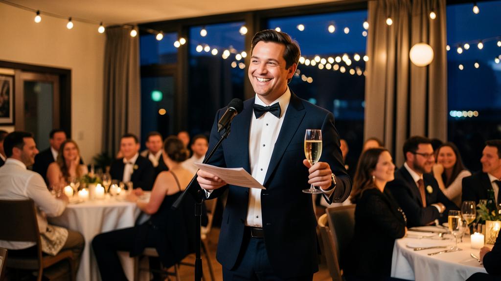 Ein Mann im Smoking hält eine Rede bei einem formellen Event, mit einem Glas Champagner und einem Stück Papier in der Hand.