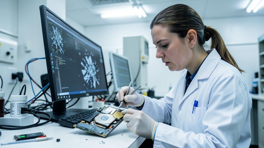 A female technician in a lab coat and gloves is repairing a computer motherboard, with a monitor displaying data recovery software.
