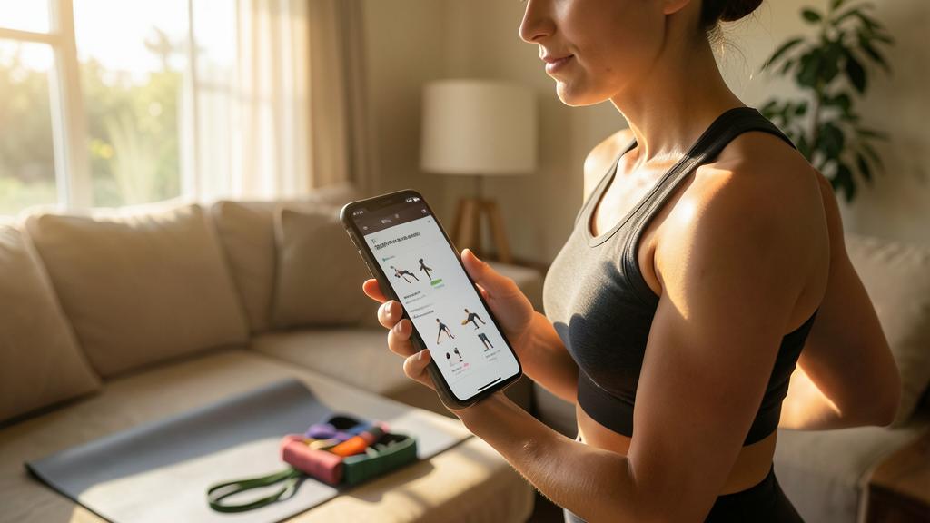 Une femme utilise une appli fitness sur son smartphone avec un tapis de yoga et des bandes de résistance à proximité.
