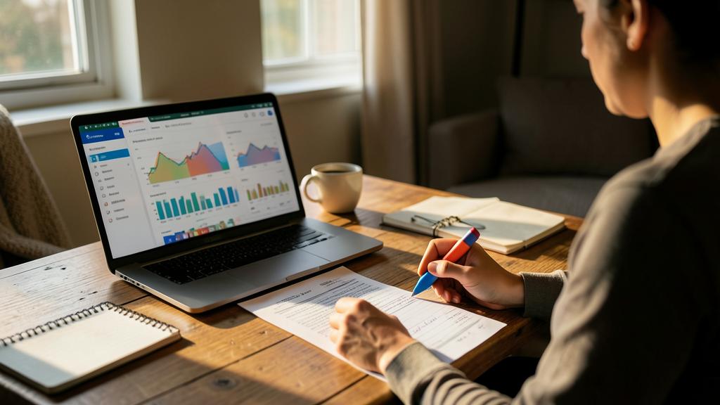 A person is using a laptop displaying financial graphs while writing on a document.