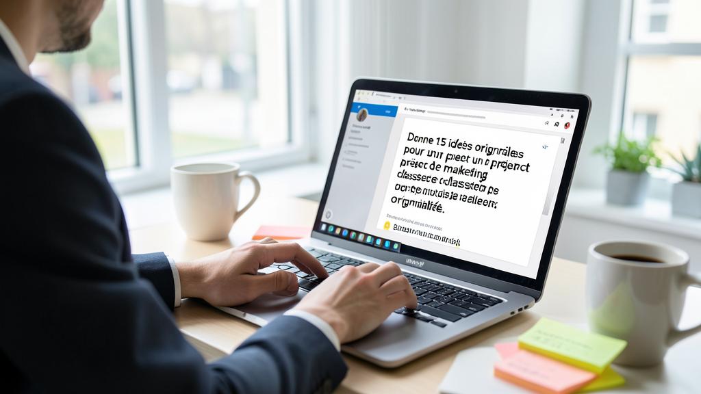 A man in a suit uses a laptop displaying a French prompt for original marketing project ideas.