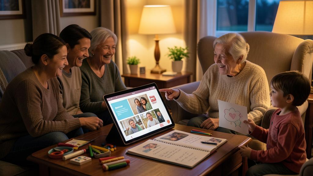 A multi-generational family smiles while viewing a photo album on a tablet, with a child holding up a drawing.