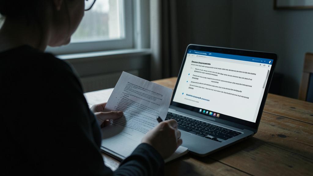 Une personne compare un document imprimé et un contrat à l'écran d'un ordinateur.