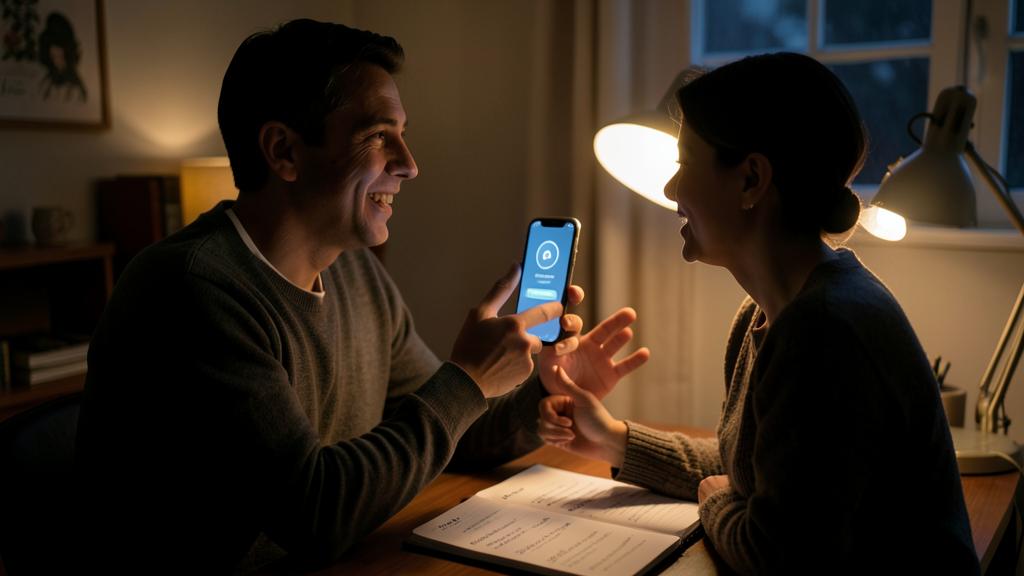 Un homme et une femme sourient en utilisant une application d'IA sur un smartphone.