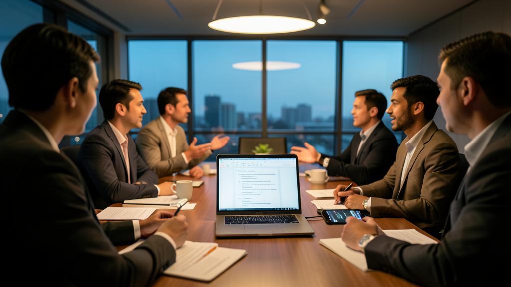 A group of business professionals in a meeting around a table with a laptop displaying text.