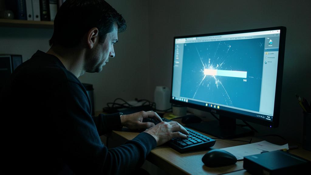 A man works on a computer displaying a loading bar and an update graphic.