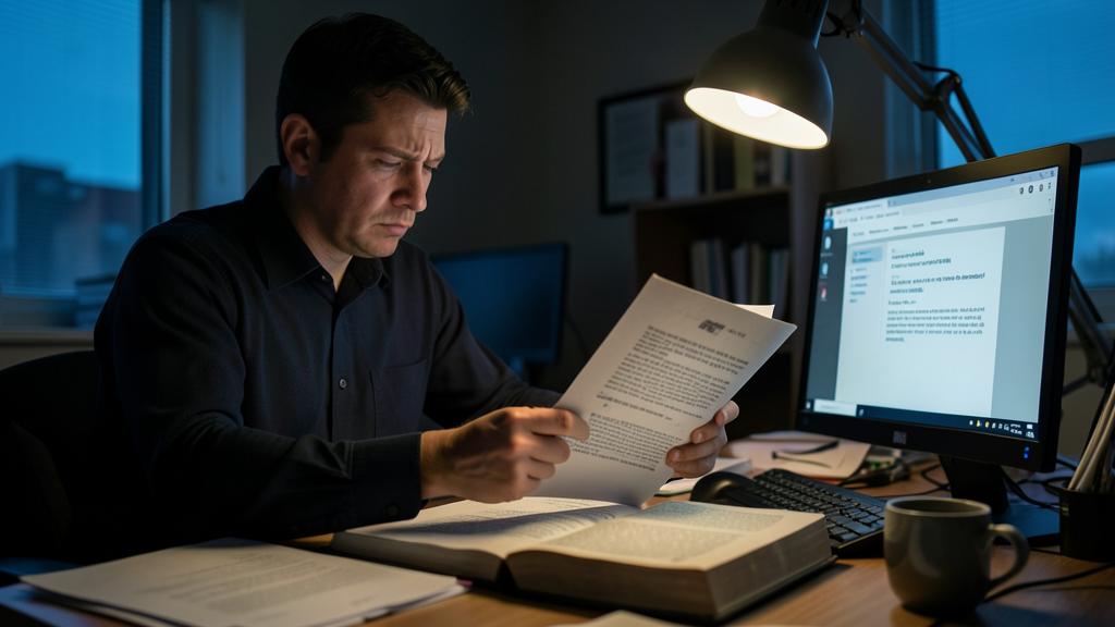 A man sits at a desk reading a document in front of a computer screen.