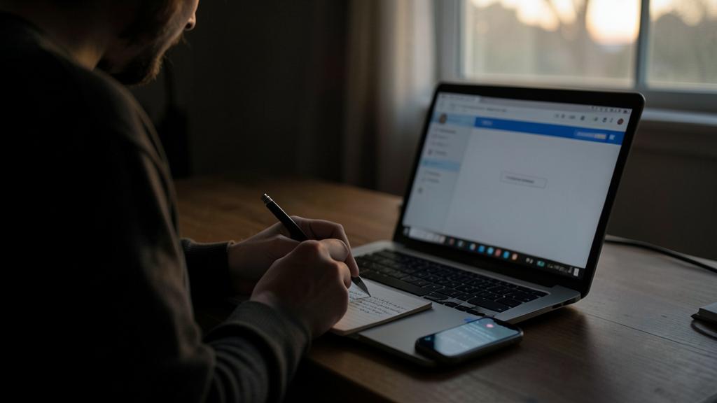 A person writes in a notebook next to a laptop and a smartphone.