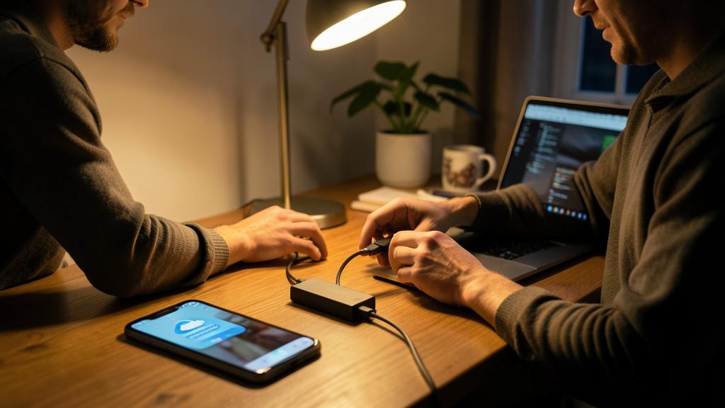 Deux personnes utilisent un ordinateur portable, un smartphone et un disque dur externe pour sauvegarder des données.