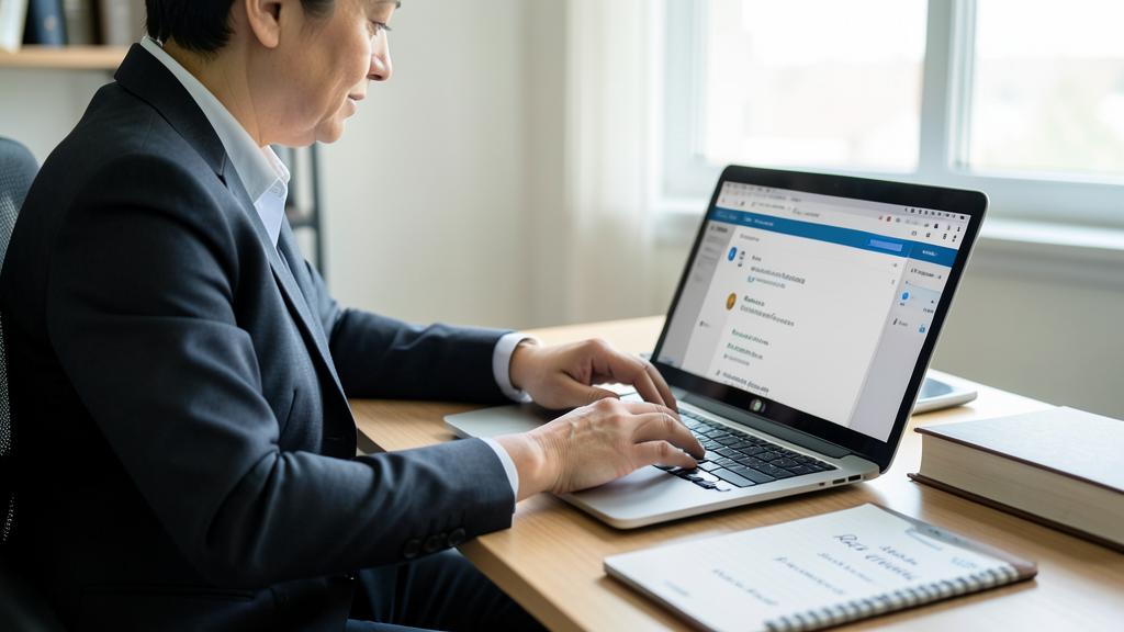 A person in a business suit is using a laptop at a desk with a notebook and a book nearby.