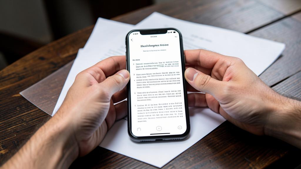 A person holds a smartphone displaying a scanning app with a scanned document on screen, physical papers in the background.