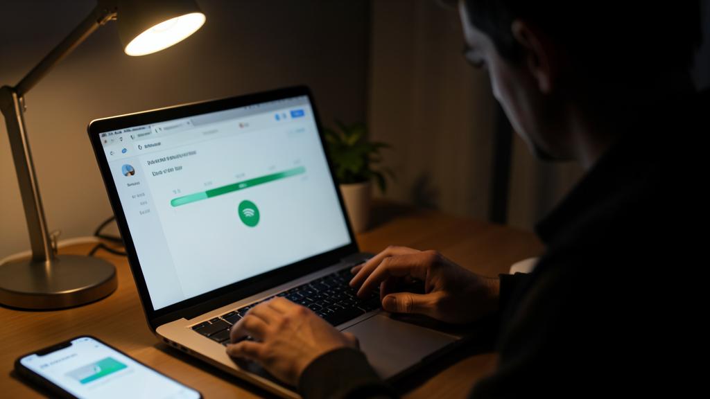 A person uses a laptop in a dimly lit room, displaying a file transfer interface.