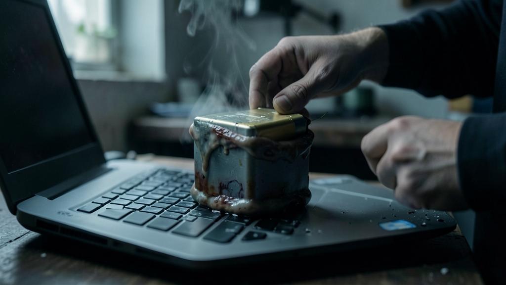 A person's hands place a smoking, melted electronic device onto a laptop keyboard.