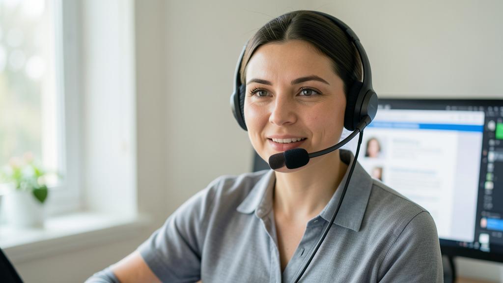 A woman smiles at the camera, wearing a headset with a microphone, in a home office setting.