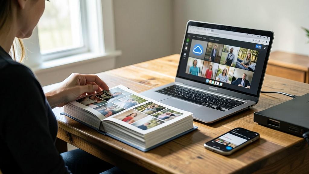 Une personne feuillette un album photo près d'un ordinateur en visioconférence et d'un smartphone.