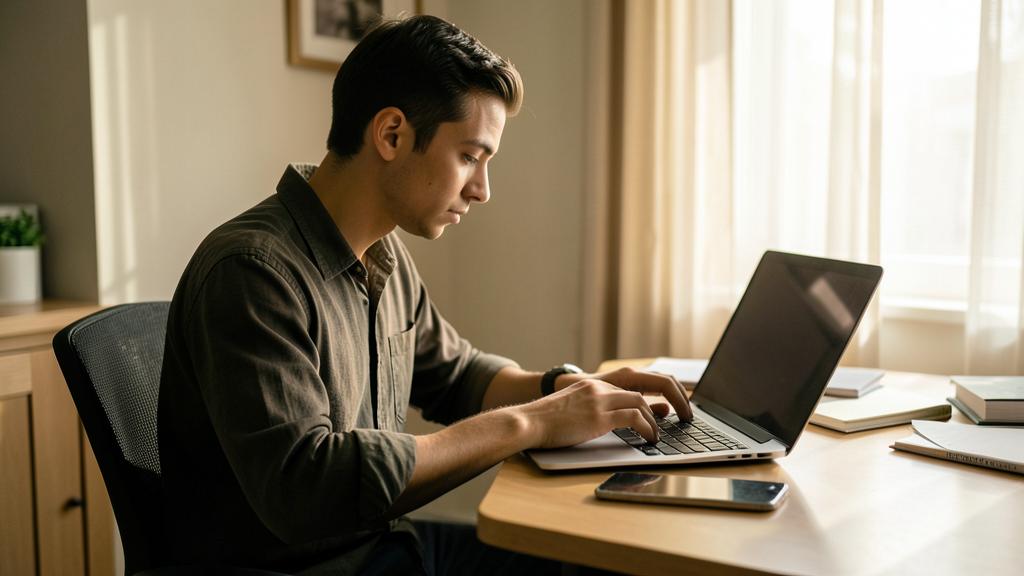 A man is typing on a laptop in a well-lit room, with a smartphone and notebooks nearby.