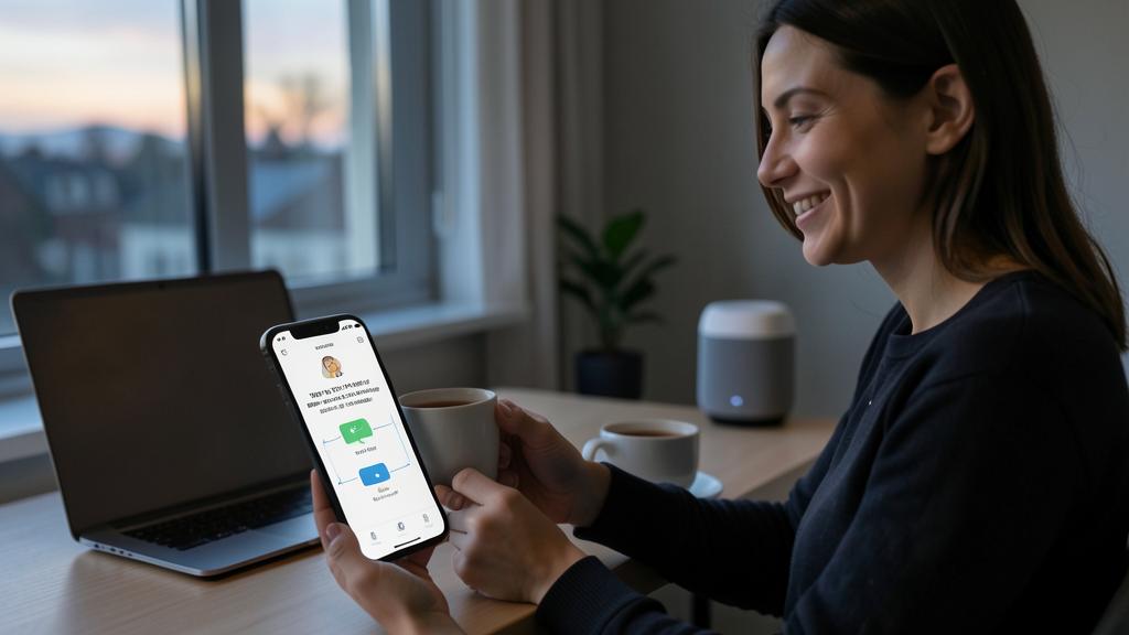 Une femme utilise une application d'automatisation sur son smartphone, avec un ordinateur portable et un haut-parleur intelligent sur le bureau.