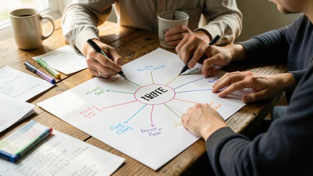 Zwei Personen erstellen gemeinsam ein Mindmap auf einem großen Blatt Papier.