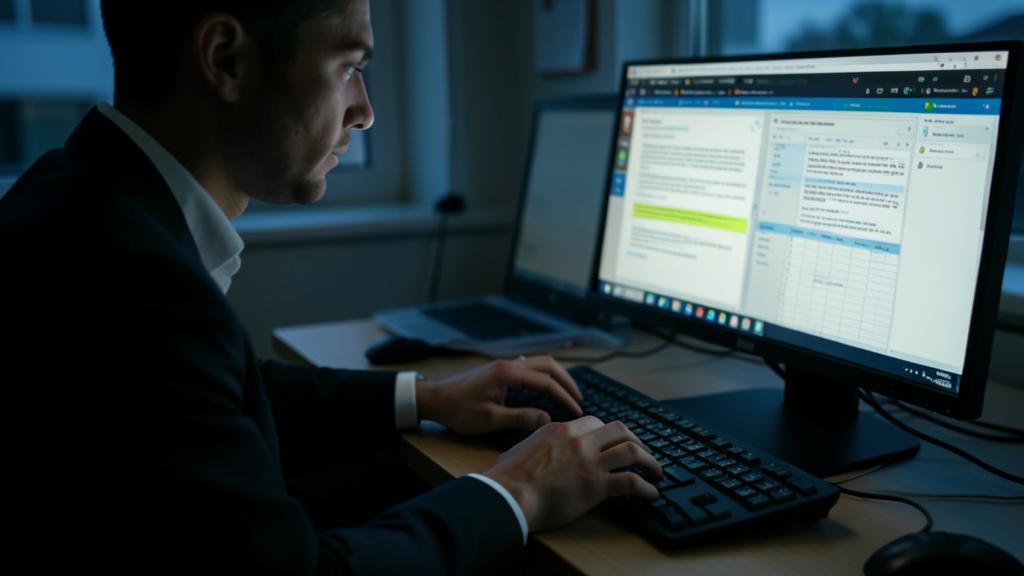 Un homme en costume tape sur un clavier devant un écran affichant un document et un tableau.