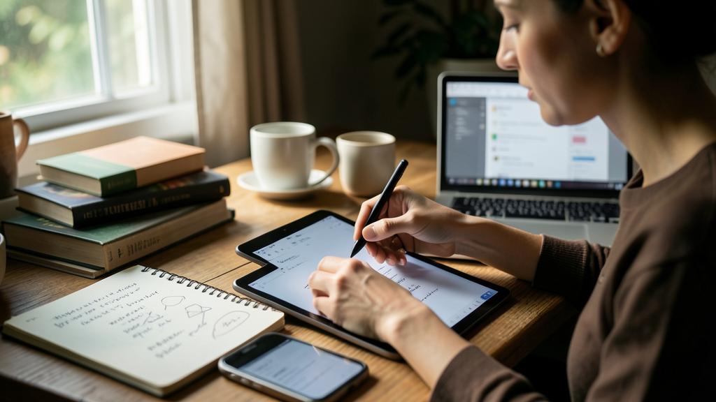 Une femme écrit sur une tablette avec un stylet, entourée d'outils numériques et de livres.