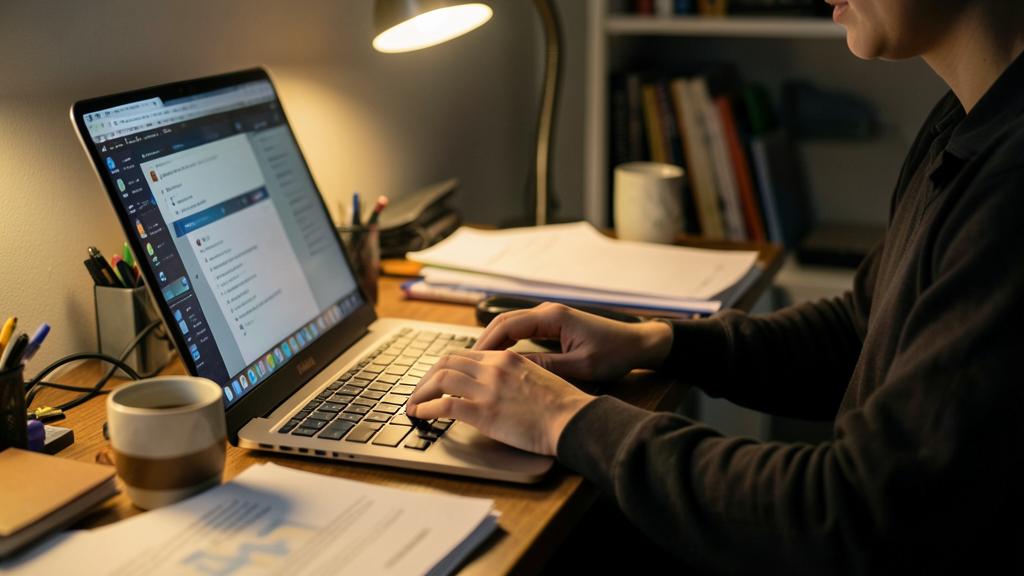 Une personne tape sur un ordinateur dans un espace de travail faiblement éclairé avec des papiers et une lampe.