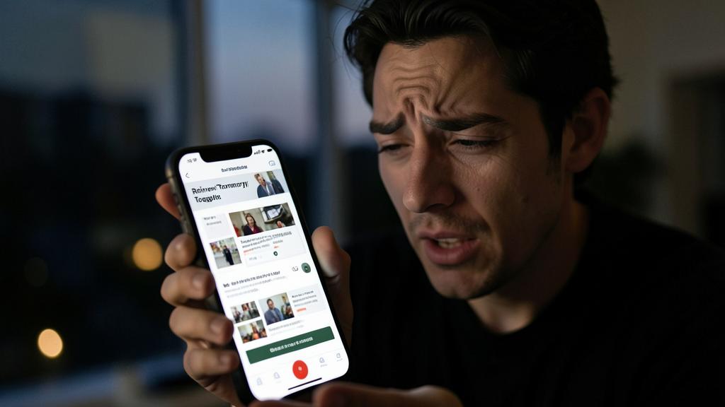 Ein besorgter Mann schaut auf ein Smartphone mit einem Artikel über die Optimierung von Startseiten.