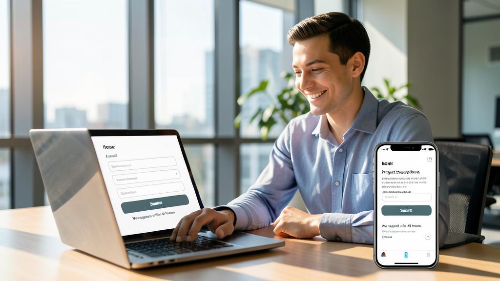 Ein Mann lächelt, während er einen Laptop und ein Smartphone mit einem Projektformular nutzt.