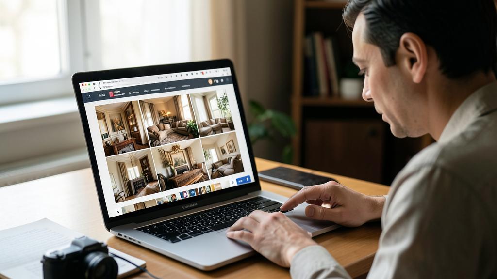 Ein Mann durchblättert eine Galerie von Innenraumdesign-Fotos auf einem Laptop.