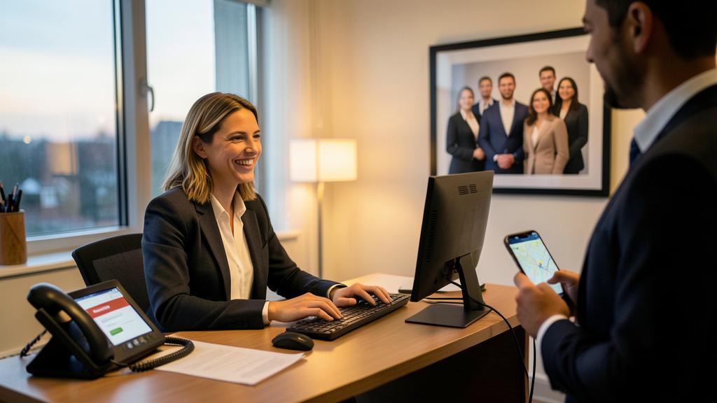 Une réceptionniste souriante en costume professionnel discute avec un client tenant un smartphone, devant un bureau avec ordinateur et téléphone.