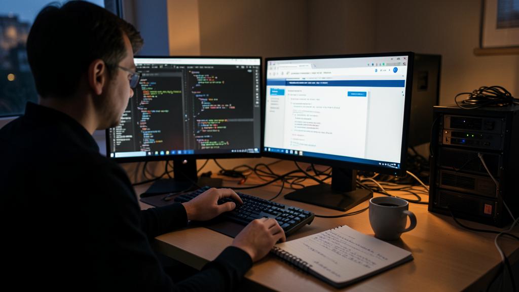 Un homme travaille sur un site web devant deux écrans d'ordinateur.