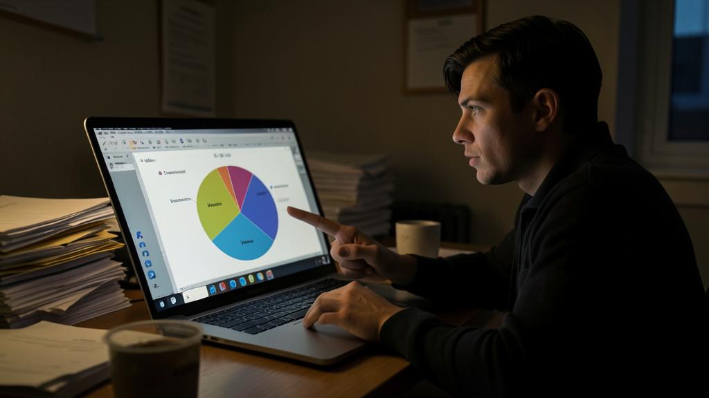Un homme examine un graphique sur un ordinateur portable dans une pièce faiblement éclairée, avec des piles de documents à côté.