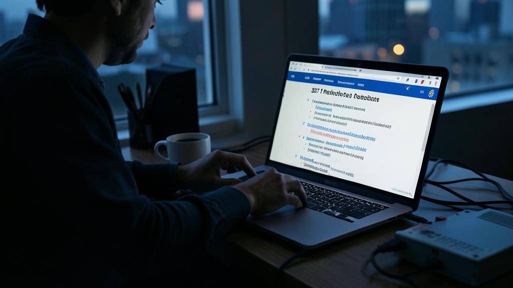 Eine Person tippt auf einem Laptop, der eine Webseite über SEO anzeigt, in einem schwach beleuchteten Raum mit nächtlicher Stadtansicht.