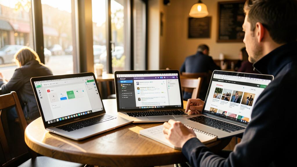 Un homme travaille sur trois ordinateurs affichant des interfaces de constructeurs de sites.