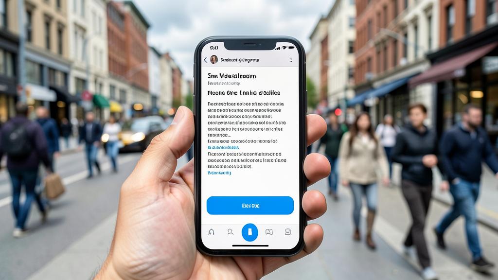 Eine Hand hält ein Smartphone, das eine mobile Website mit einem blauen Button und einem textlastigen Layout zeigt, vor einem unscharfen Stadtstraßenhintergrund.