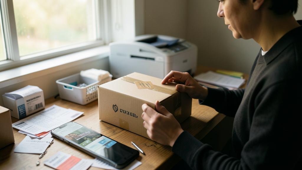 Une personne emballe un colis avec le logo DICKIES sur un bureau avec étiquettes et fournitures.