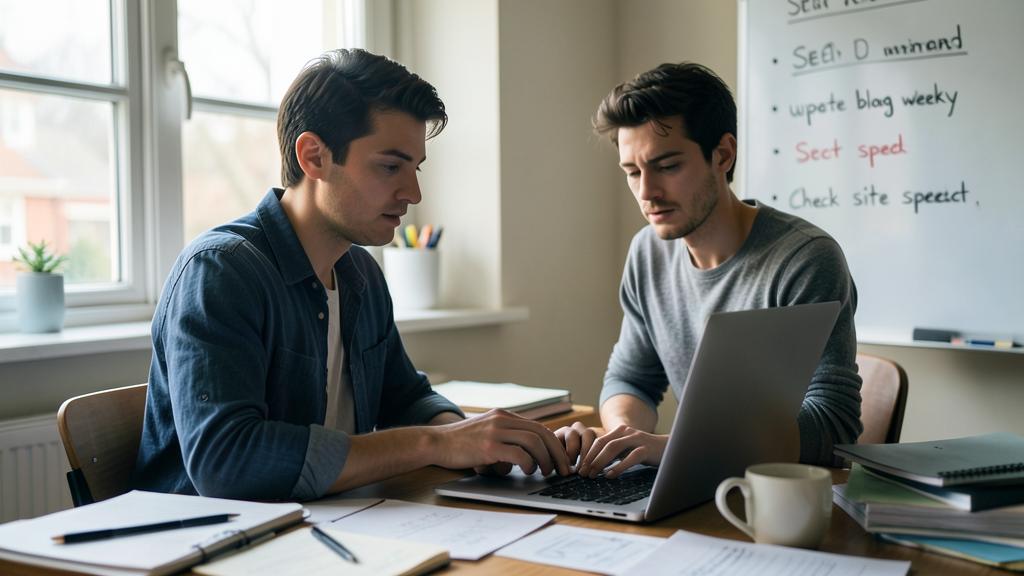 Zwei Männer arbeiten gemeinsam an einem Schreibtisch mit einem Laptop, umgeben von Papieren und einem Whiteboard mit Notizen zu SEO und Blog-Updates.