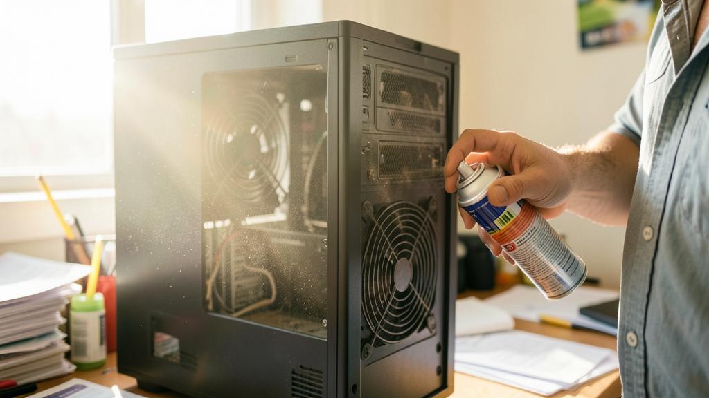 Une personne utilise un spray d'air comprimé pour nettoyer la poussière à l'intérieur d'une tour d'ordinateur ouverte.
